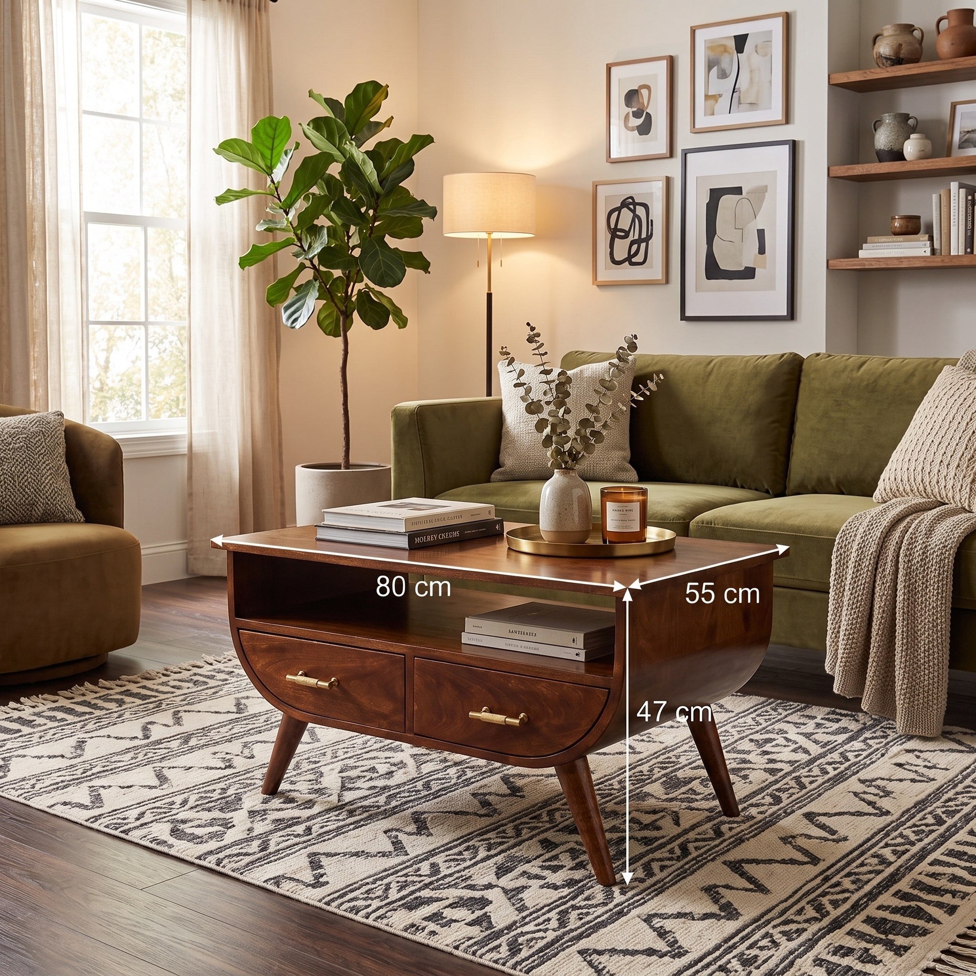 A mid-century modern wooden coffee table in a cozy living room setting, with dimension overlays showing its measurements of 80 cm length, 55 cm width, and 47 cm height.