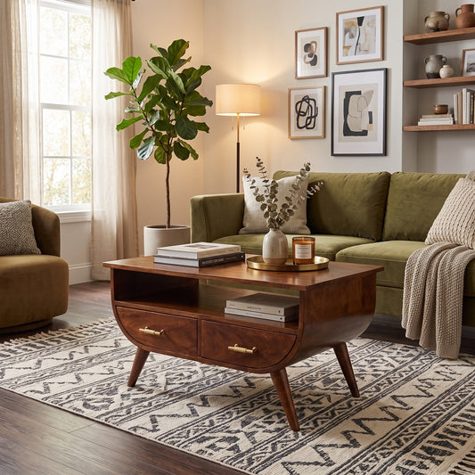 A mid-century modern wooden coffee table with curved legs and brass handles, styled in a cozy living room next to an olive green sofa and a patterned rug.