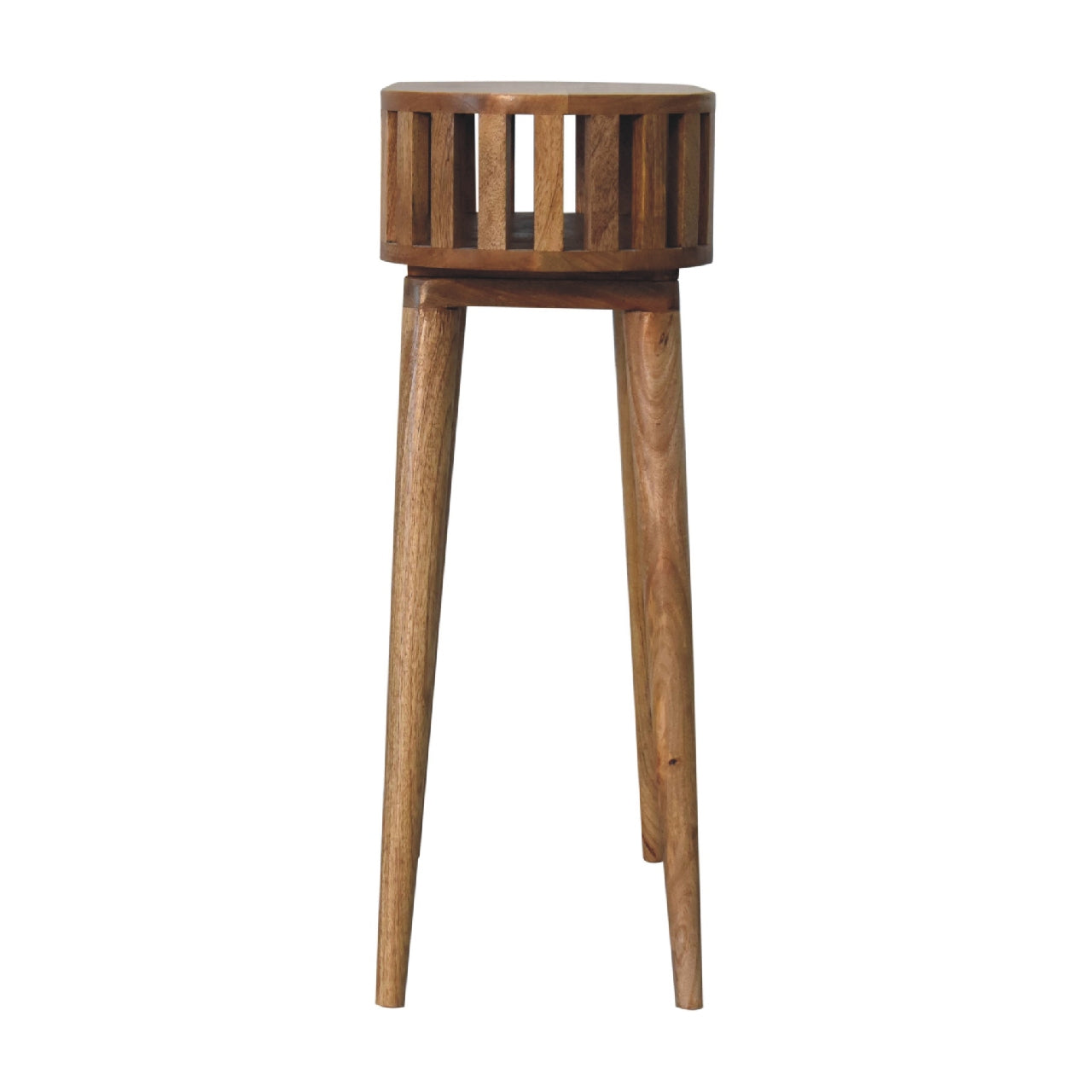 Wooden console table with a rectangular top on a white background