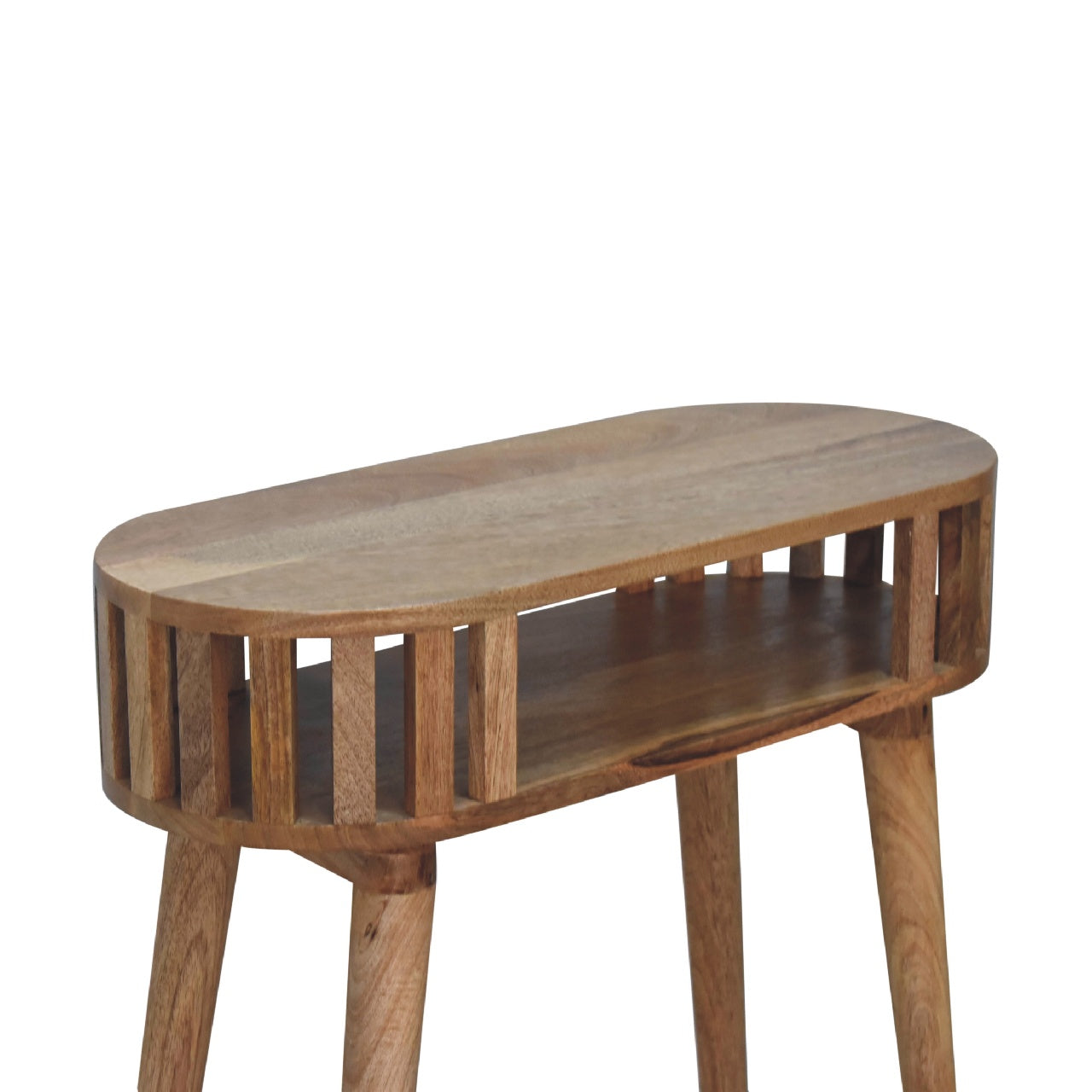 Wooden side table with a natural finish on a white background