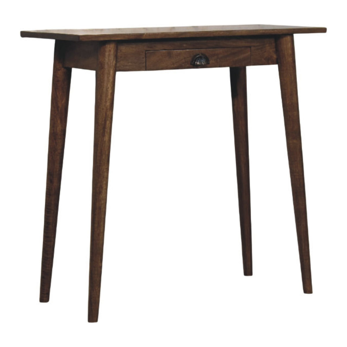Wooden writing desk with a single drawer on a white background