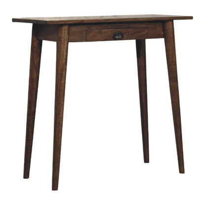 Wooden writing desk with a single drawer on a white background