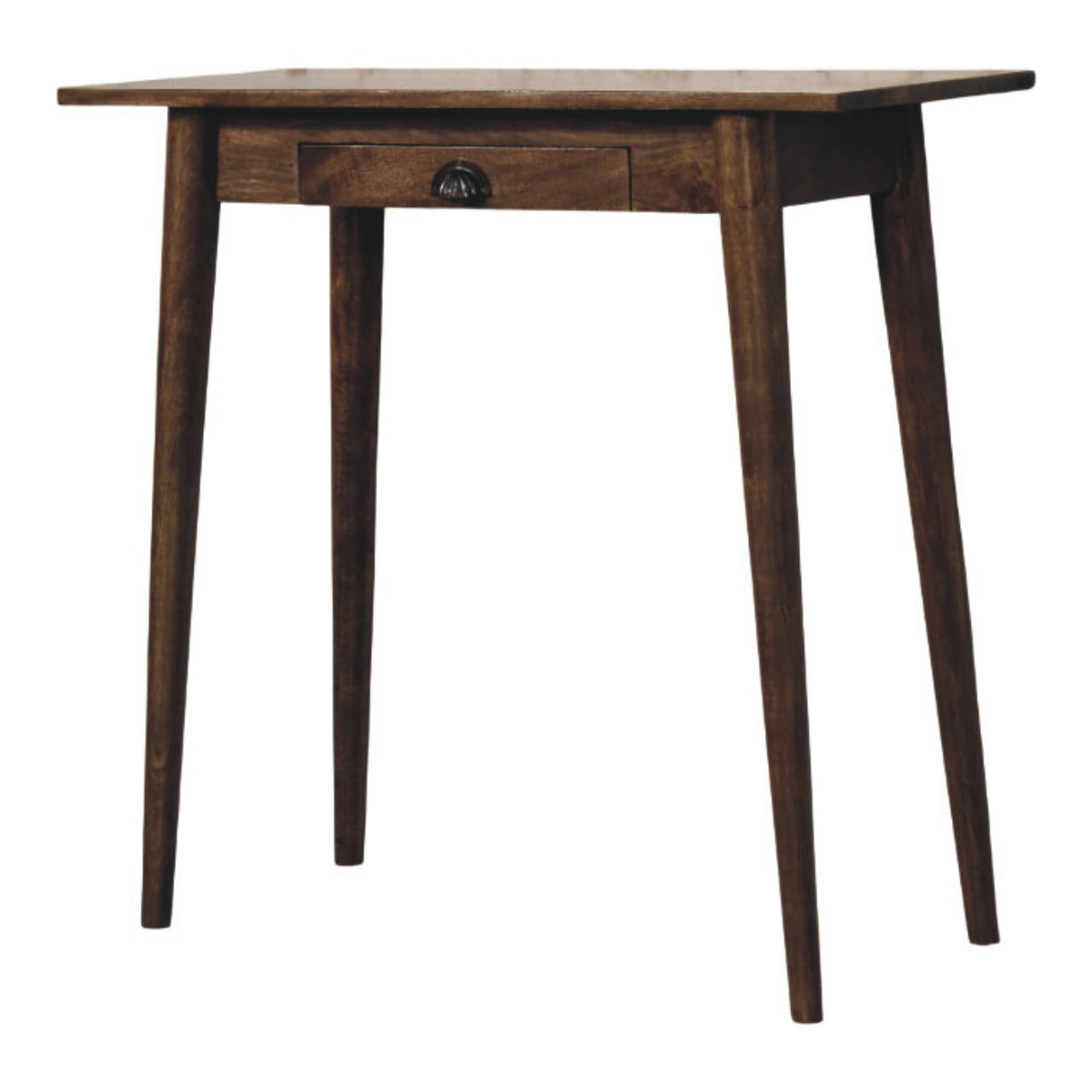 Wooden writing desk with a single drawer on a white background