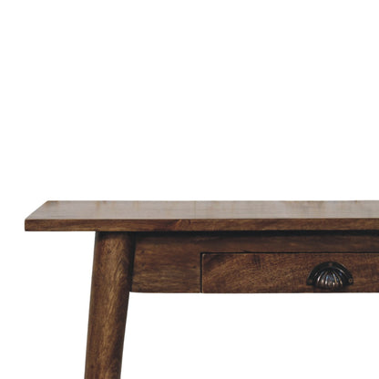 Wooden writing desk with a drawer on a white background