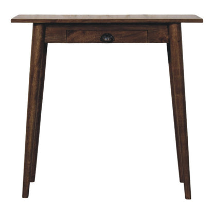 Wooden writing desk with a single drawer on a white background
