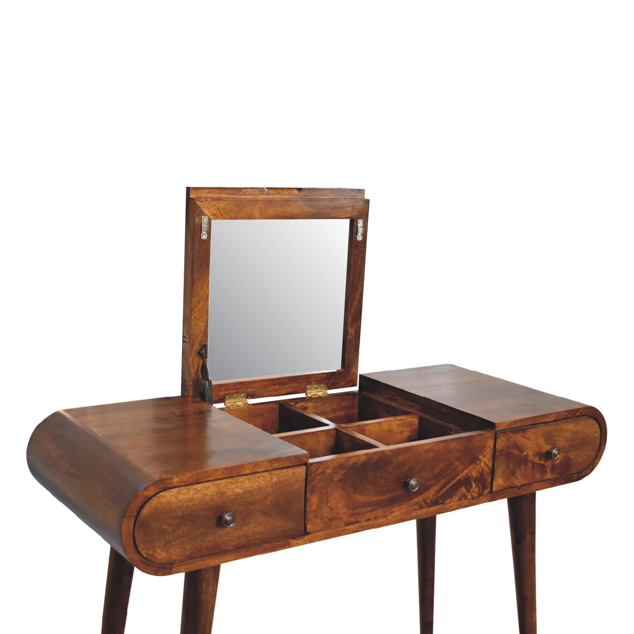 Wooden vanity table with mirror on a white background