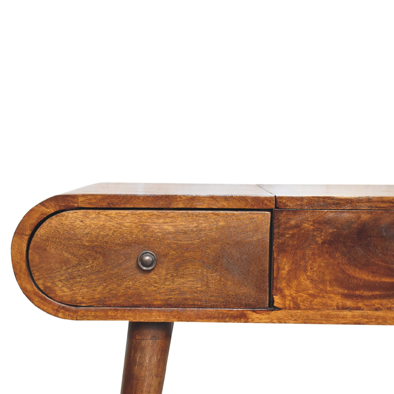 Close-up of a wooden vanity dressing table with a drawer on a white background