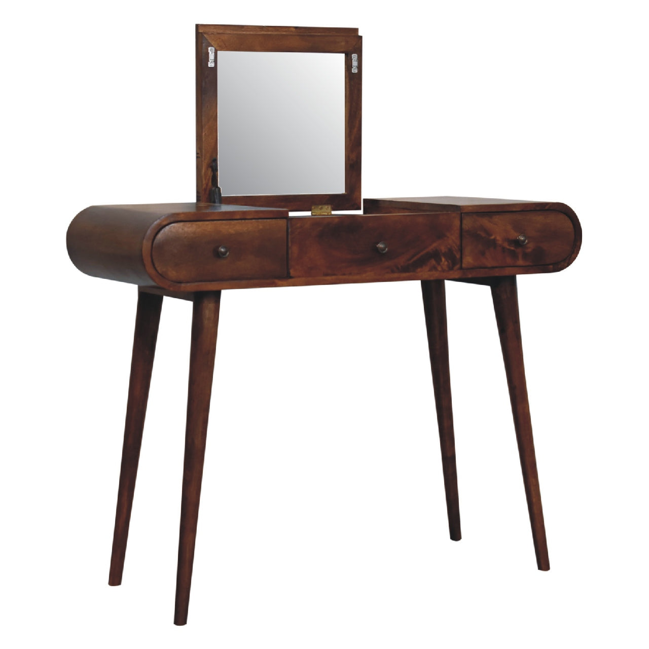 Wooden vanity table with mirror on a white background