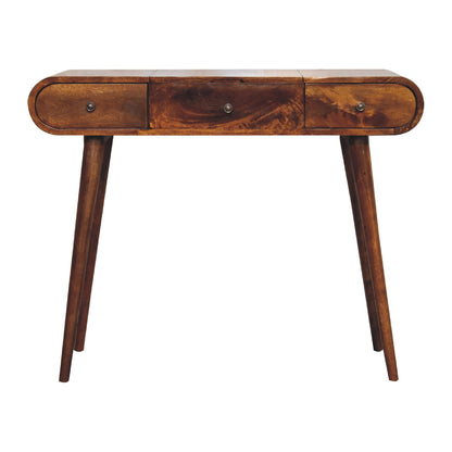 Wooden vanity dressing table with three drawers on a white background