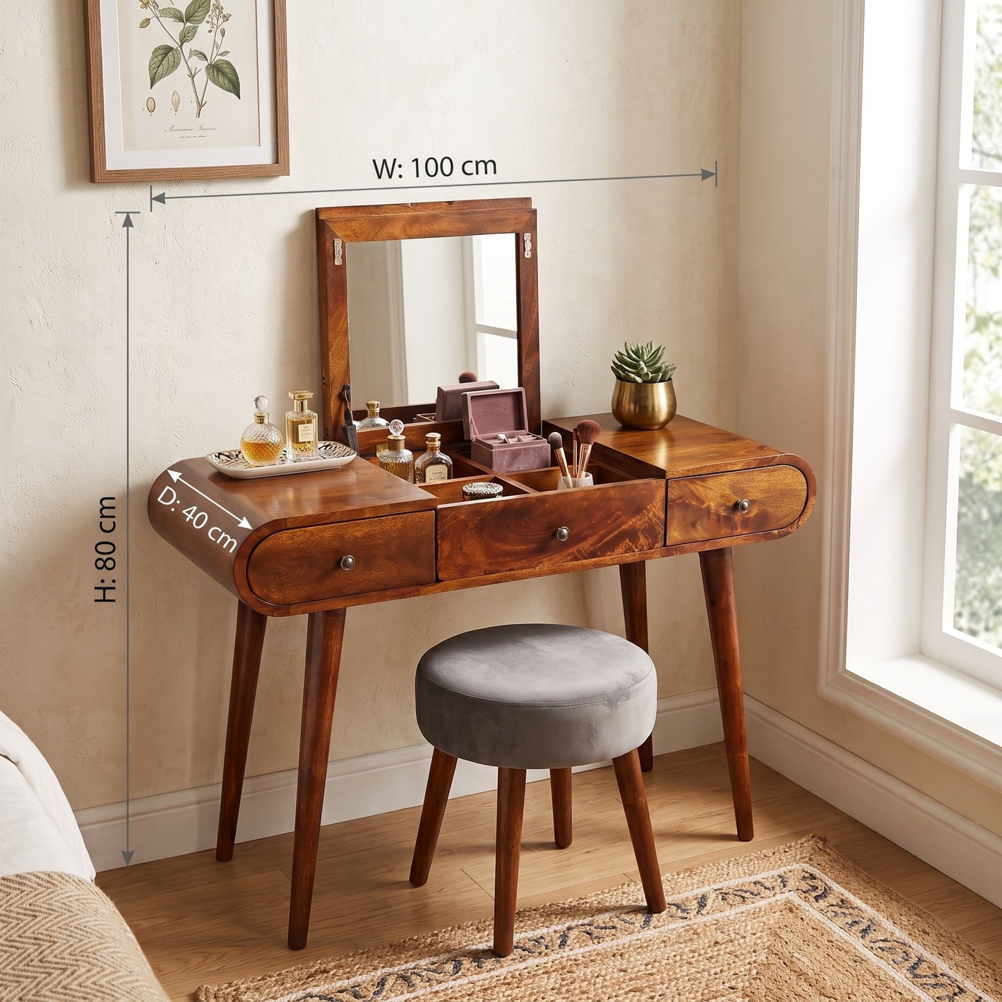 Wood vanity table with attached mirror, three drawers, open top storage, and a round gray stool, shown in a styled room with dimension arrows and labels indicating 100 cm width, 80 cm height, and 40 cm depth.