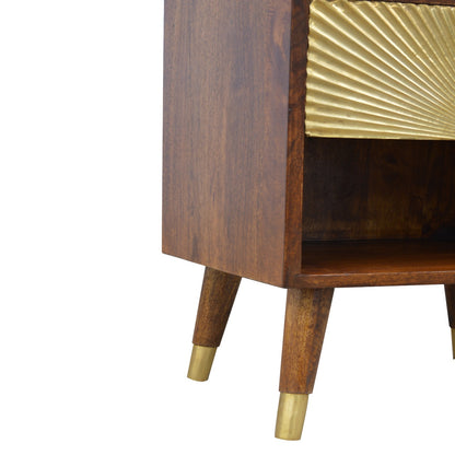 Lower left angle of the One Drawer Bedside highlighting Nordic-style legs with brass cap feet