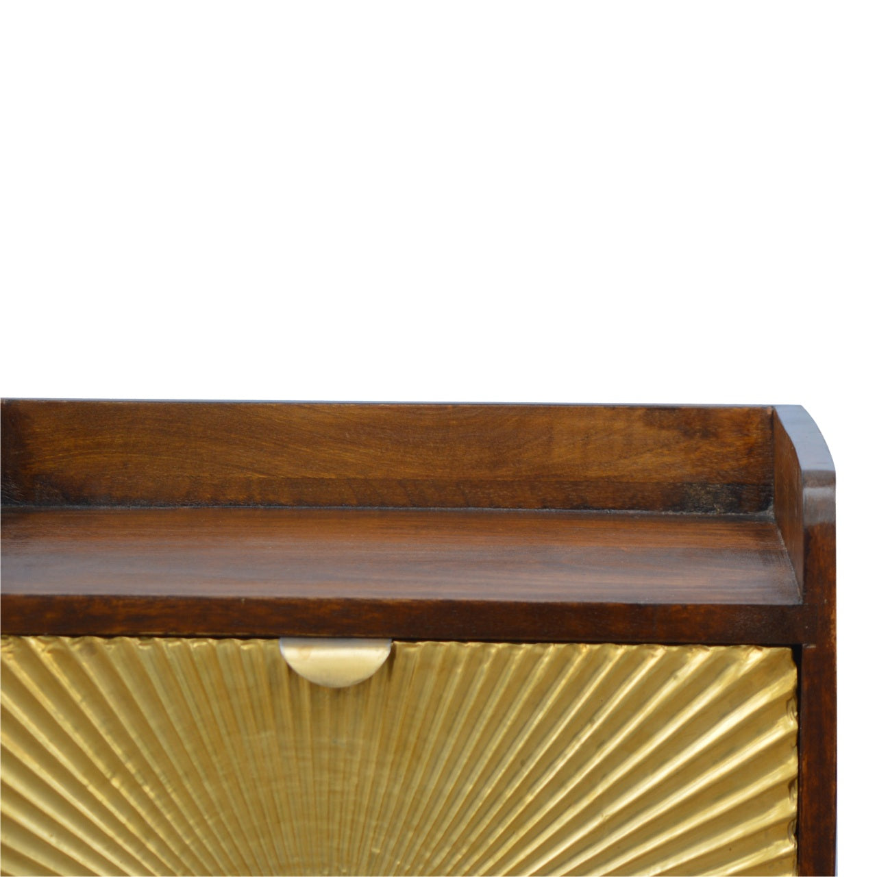 Close top right angle of the One Drawer Bedside showing brass-plated drawer front and chestnut finish