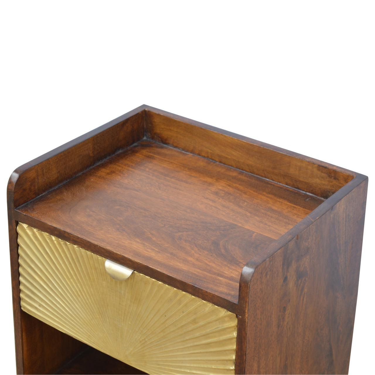 Top right angle view of the One Drawer Bedside showing surface and chestnut finish