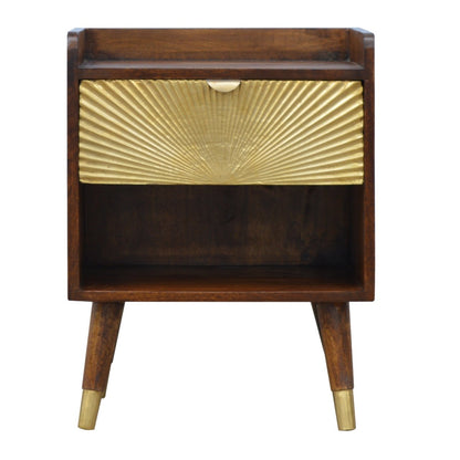 Front view of the One Drawer Bedside showing brass-plated drawer, open slot and Nordic legs with brass cap feet