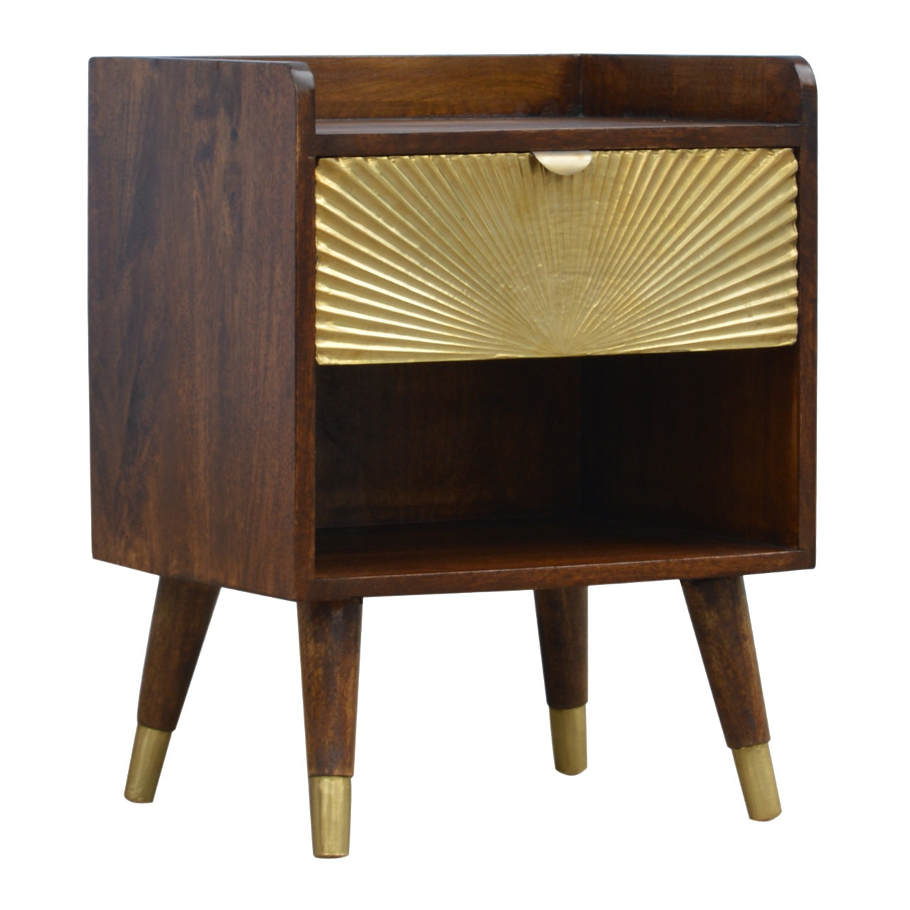 Left side view of the One Drawer Bedside showing chestnut finish and Nordic legs