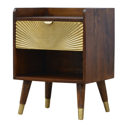 Right side view of the One Drawer Bedside showing depth and brass cap feet detail