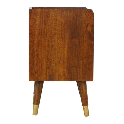 Side profile of the One Drawer Bedside showing full height and Nordic legs with brass cap feet