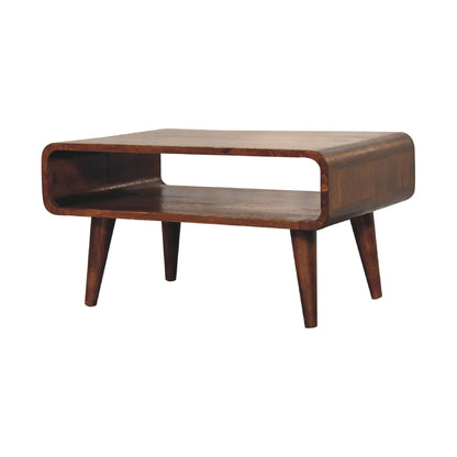 Wooden media unit with a curved design on a white background