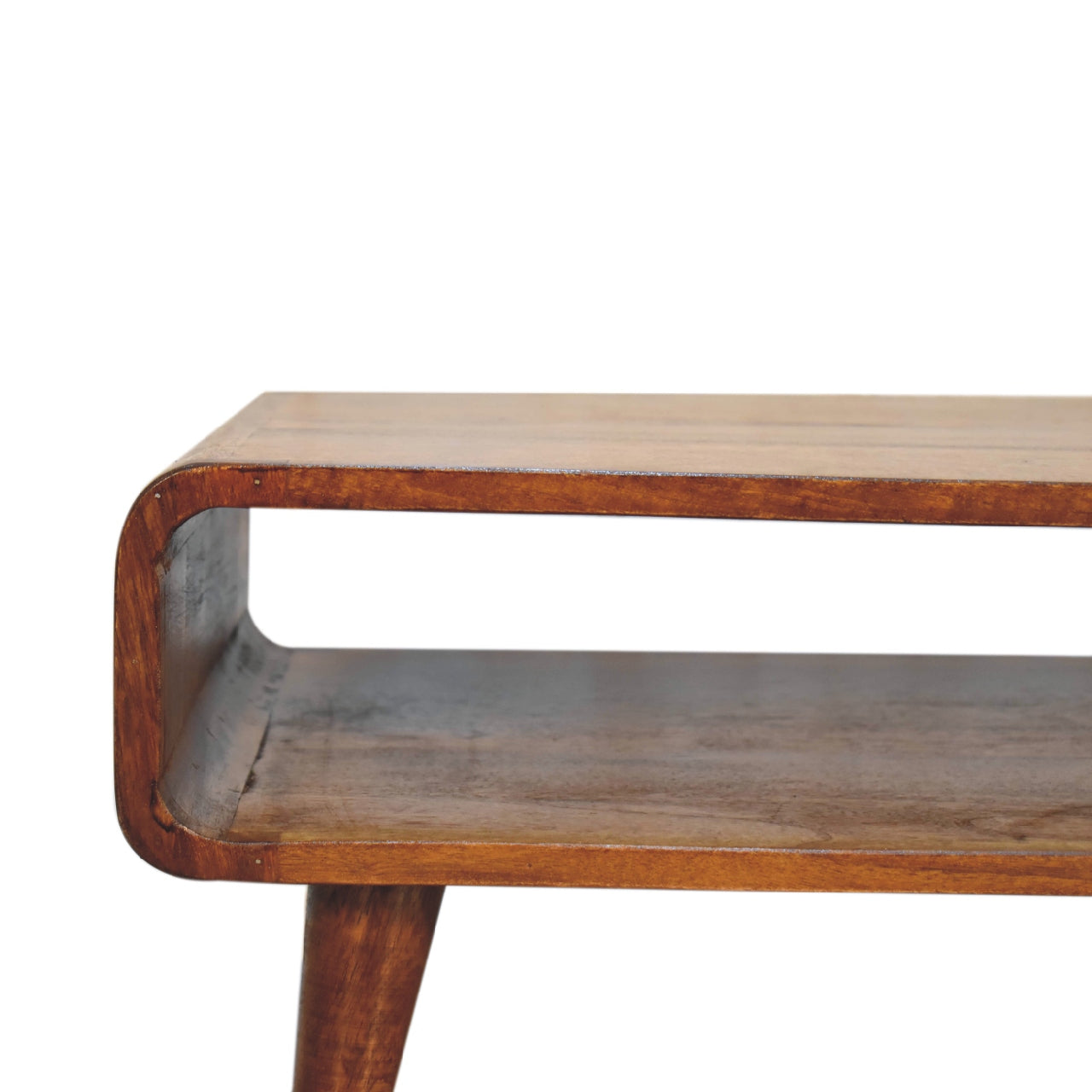 Wooden media unit with a rustic finish on a white background