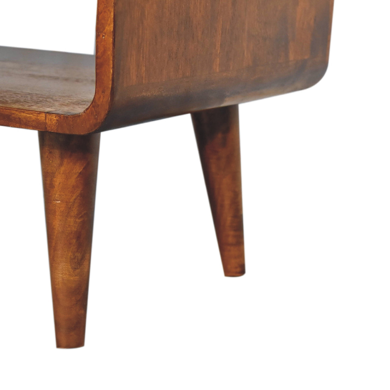 Close-up of a wooden media unit with a white background