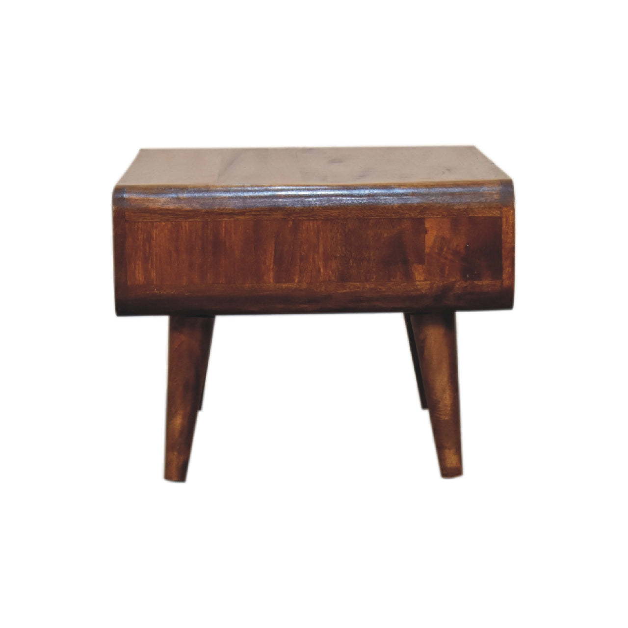 Wooden media unit with a worn finish on a white background