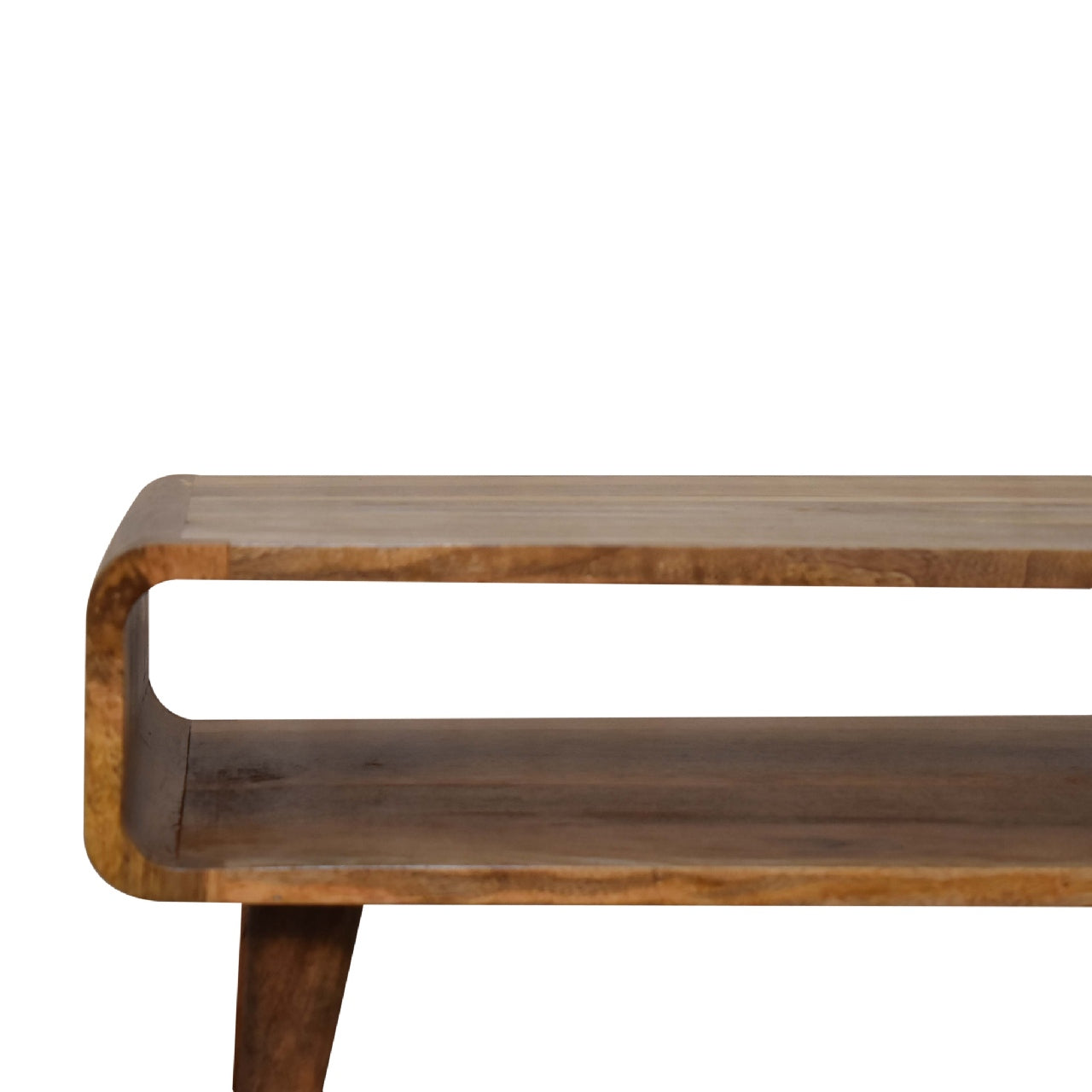 Close front left angle of Open Oak Media Unit showing oak finish and wood grain detail