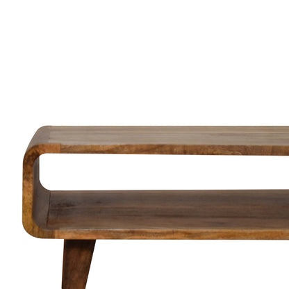 Close front left angle of Open Oak Media Unit showing oak finish and wood grain detail