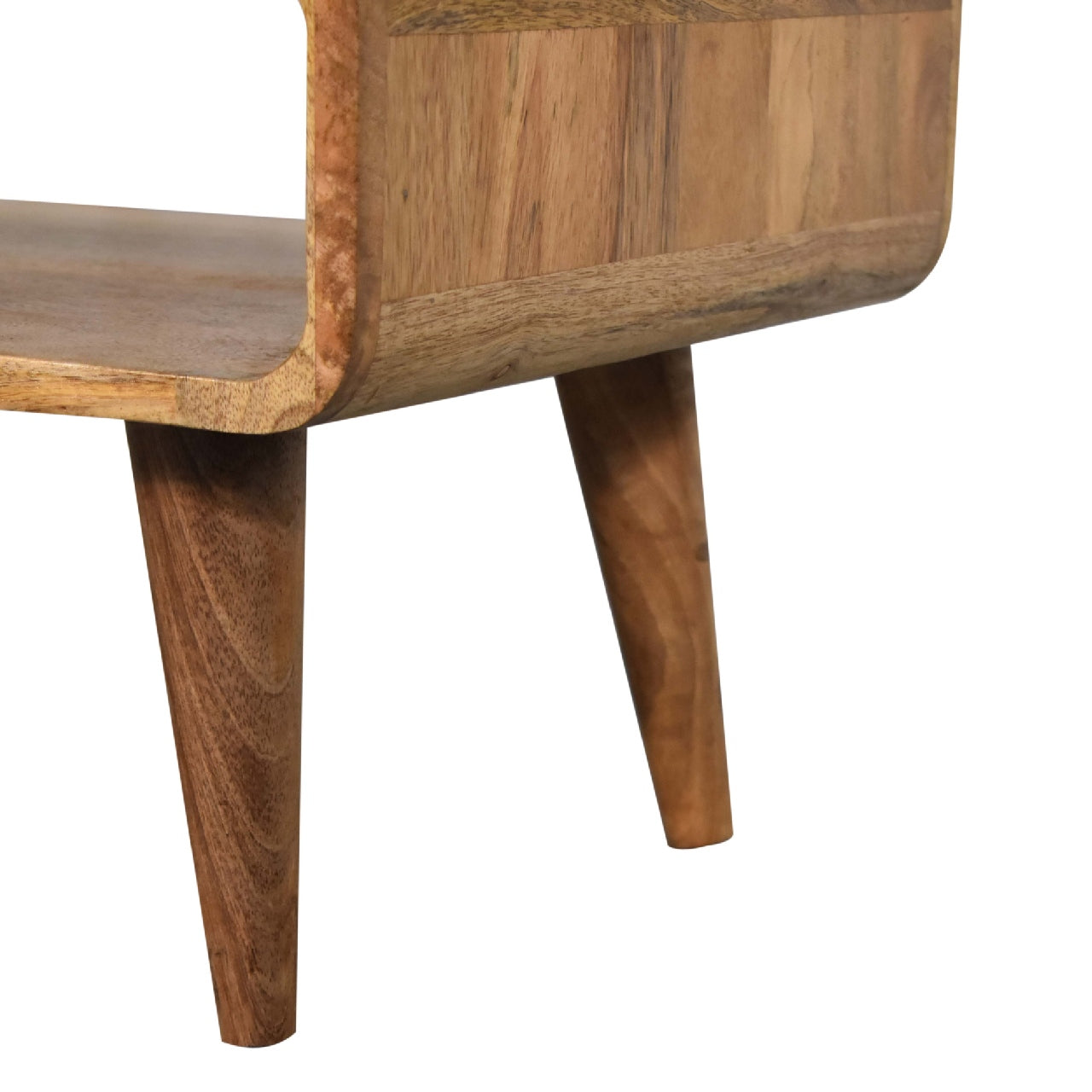 Lower right angle of Open Oak Media Unit highlighting open compartment and tapered legs