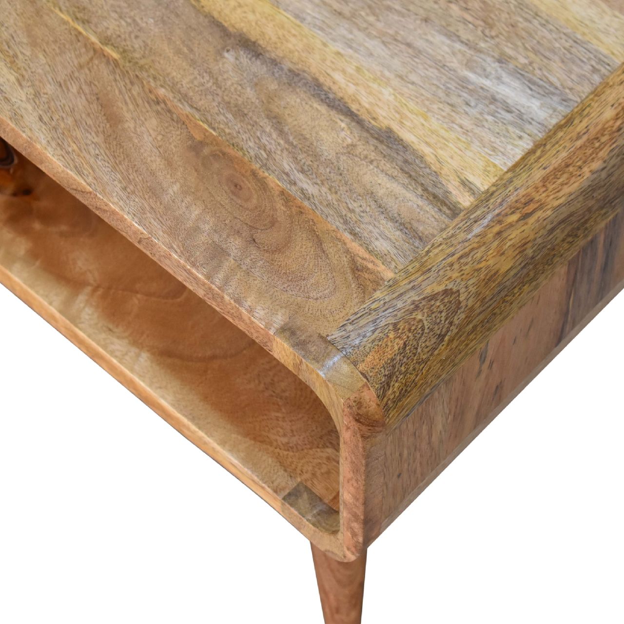 Close upper right angle of Open Oak Media Unit showing mango wood surface and oak finish