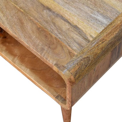 Close upper right angle of Open Oak Media Unit showing mango wood surface and oak finish