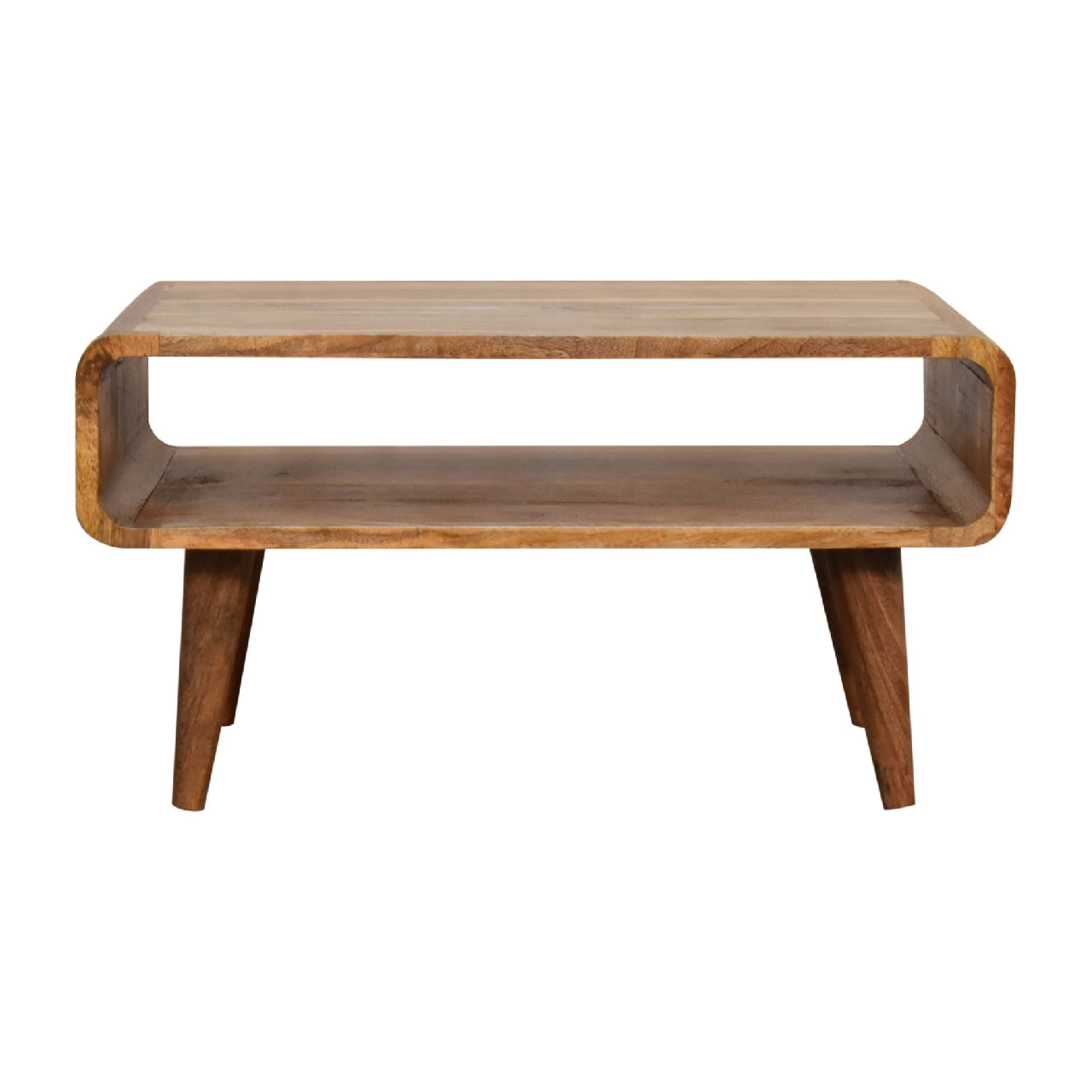 Front view of Open Oak Media Unit in solid mango wood with tapered legs