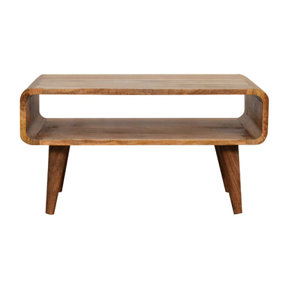 Front view of Open Oak Media Unit in solid mango wood with tapered legs