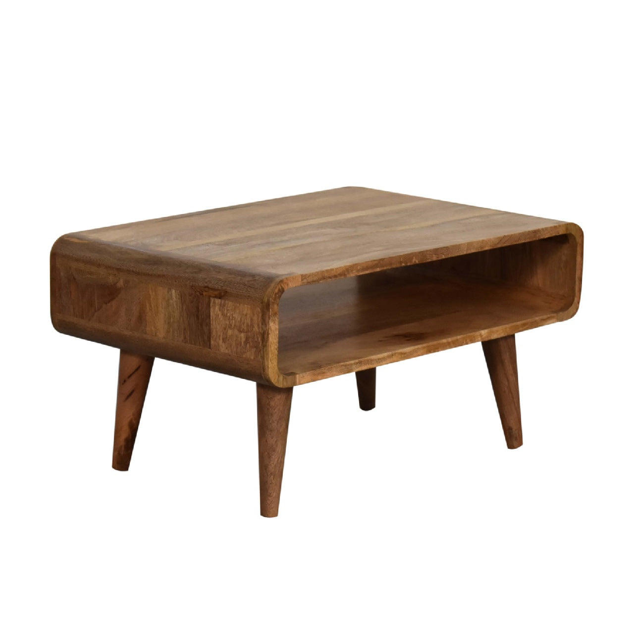 Left side view of Open Oak Media Unit in solid mango wood with oak finish