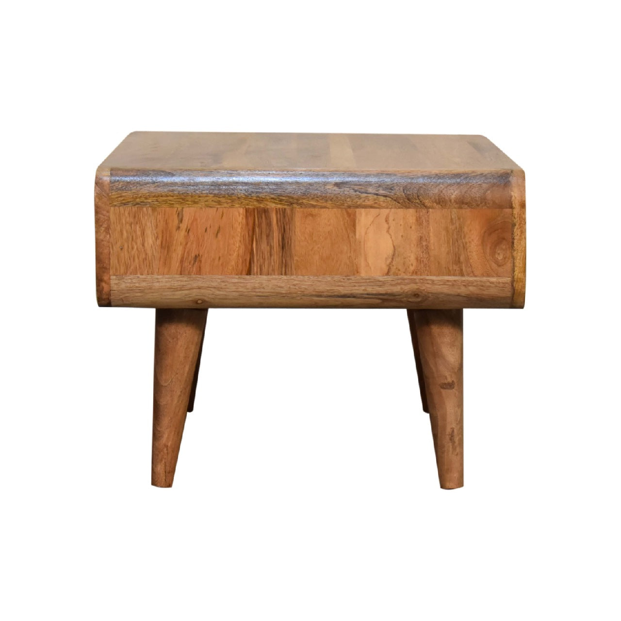 Side profile of Open Oak Media Unit showing tapered legs and open compartment