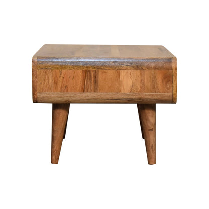 Side profile of Open Oak Media Unit showing tapered legs and open compartment