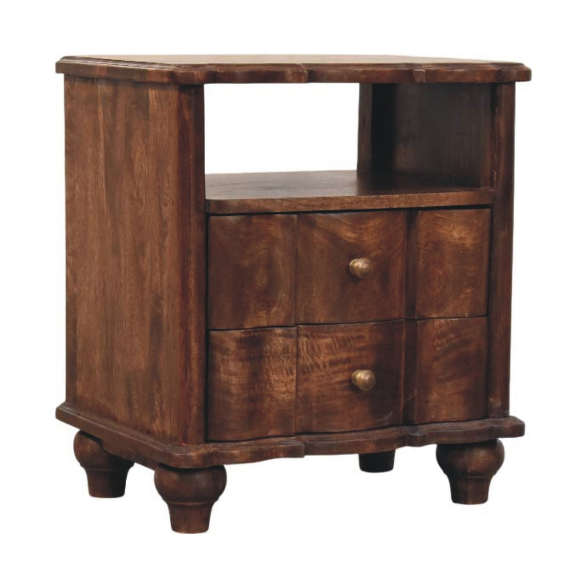 Angled left perspective of a roasted almond finish bedside table, highlighting its wavy panelled drawer fronts, open shelf, and turned bun feet.
