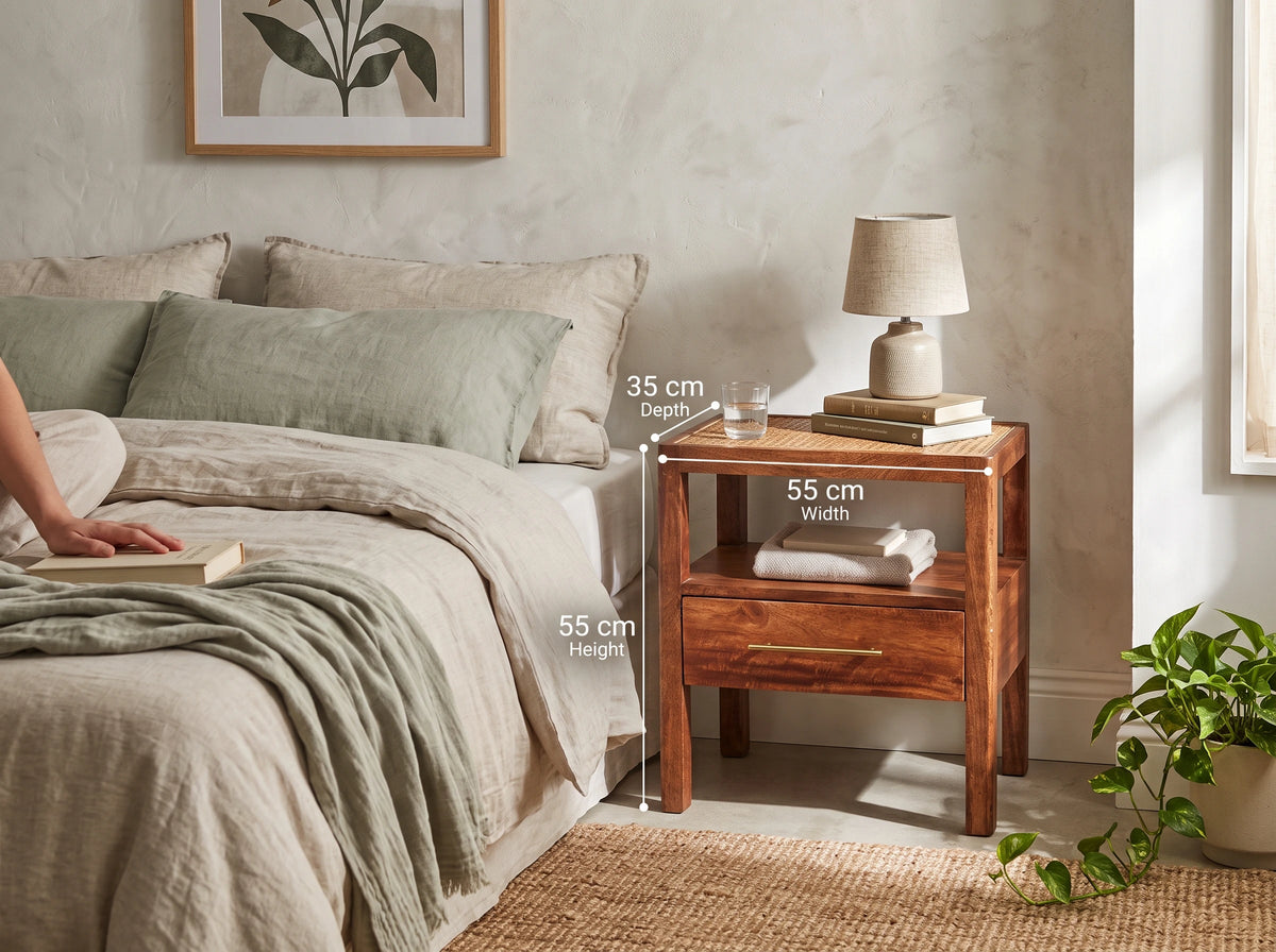 Lifestyle image of a rattan and solid mango wood bedside table in a honey caramel finish, with text overlays indicating dimensions of 55 cm width, 35 cm depth, and 55 cm height.