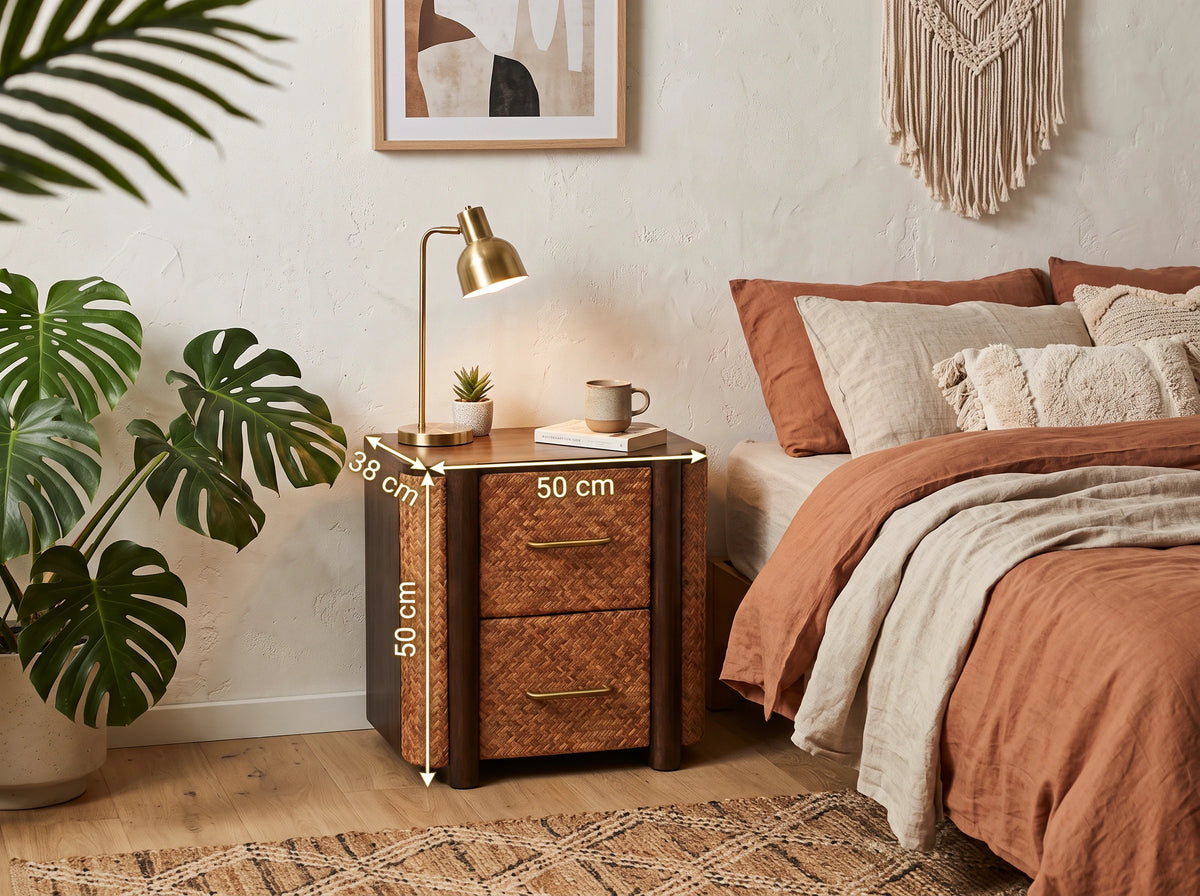 Lifestyle image of a velvet mocha mango wood and rattan 2-drawer bedside table with measurement overlays showing 50 cm width, 38 cm depth, and 50 cm height.