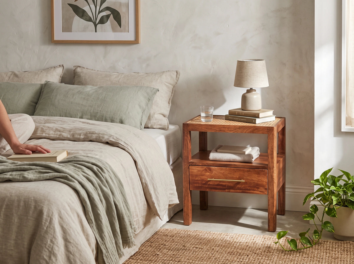 Lifestyle image of a rattan and solid mango wood bedside table in a honey caramel finish 