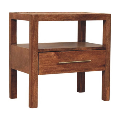 Angled right view of a rattan and solid mango wood 1-drawer nightstand in a warm honey caramel finish.