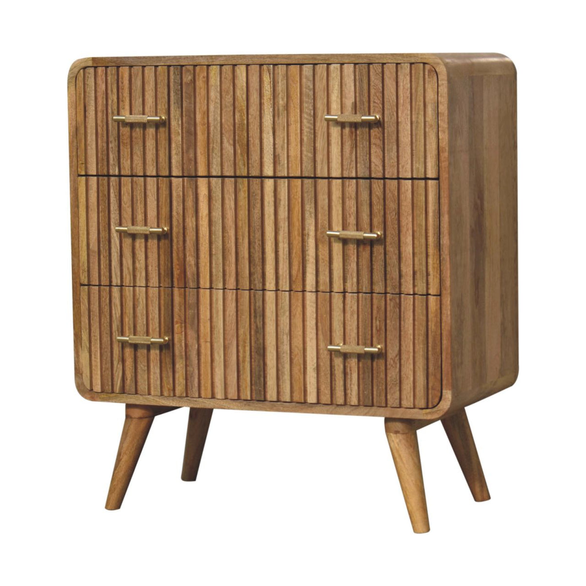 Angled left perspective of a ridged solid mango wood chest of drawers in a natural oak finish, highlighting its textured front and rounded edges.