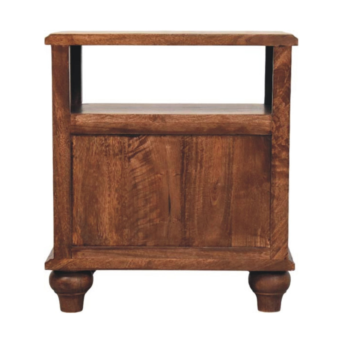 Back view of a roasted almond solid mango wood bedside table, showing the framed wooden back panel construction.