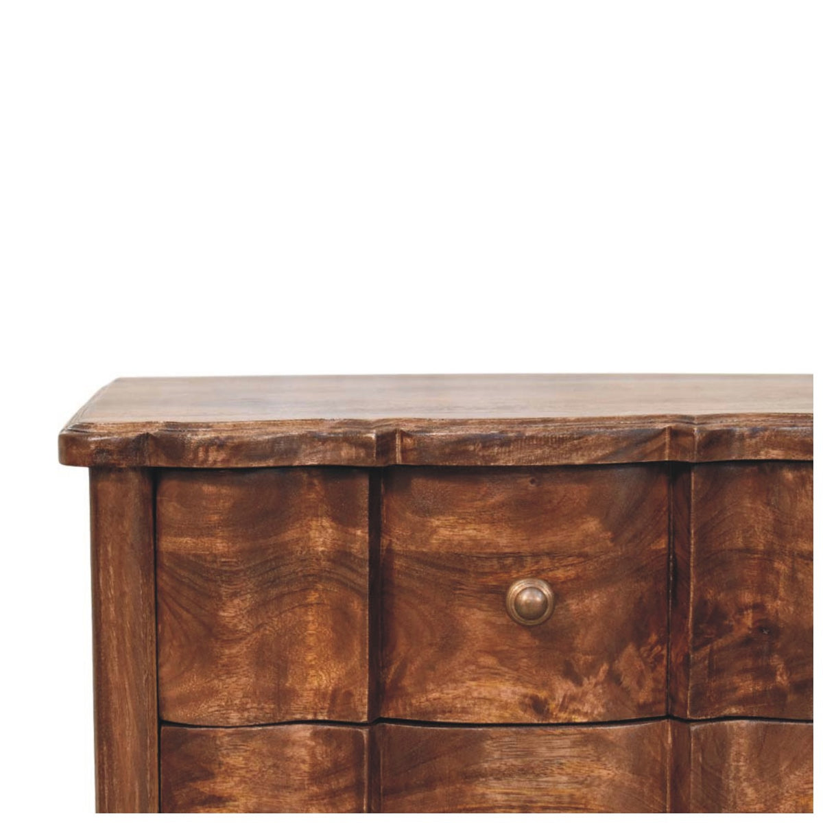 Close-up detail of the top drawer on a roasted almond bedside table, showcasing the rich wood grain and a small round metal knob.
