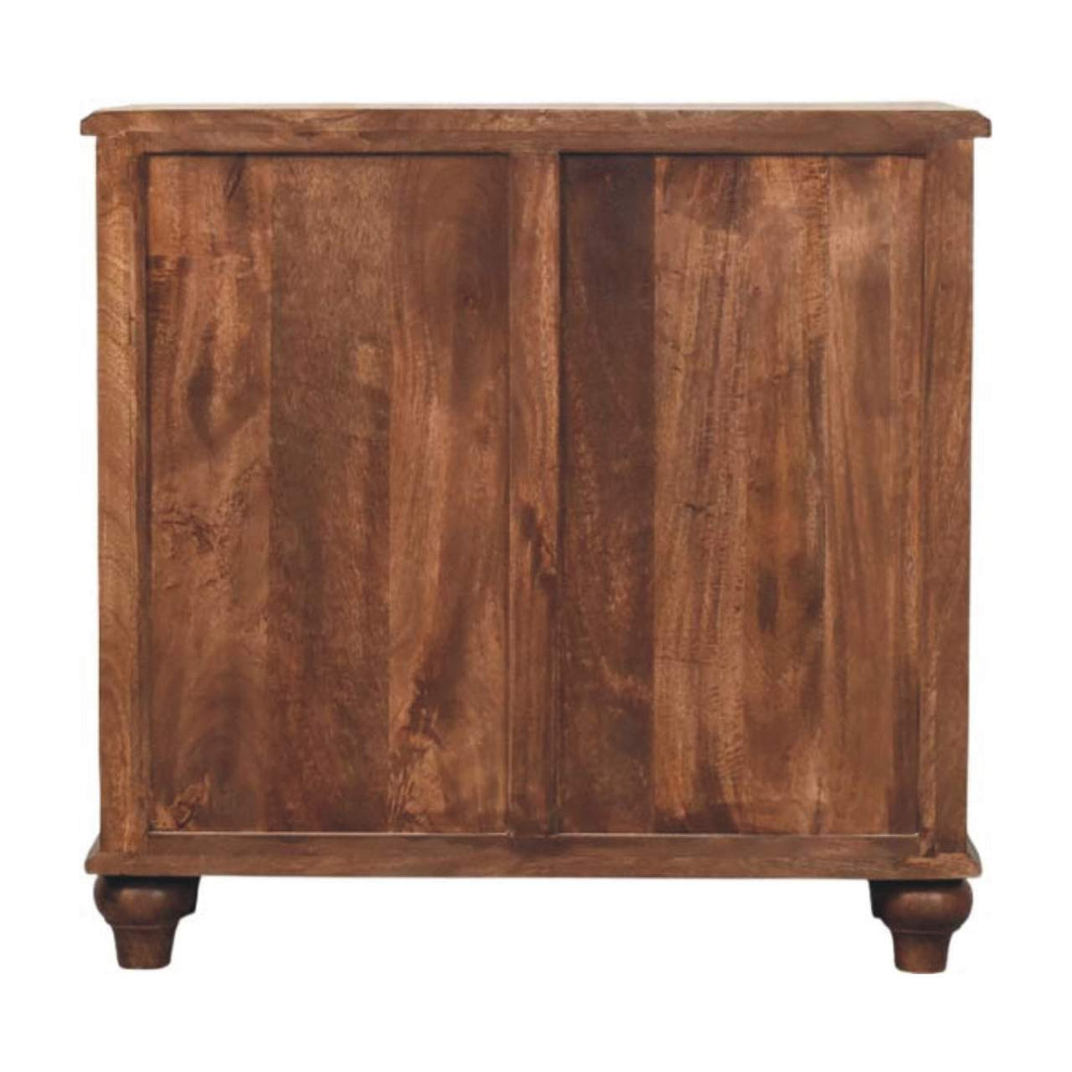 Back view of a solid mango wood chest in roasted almond, displaying the dual-panel wooden back construction.