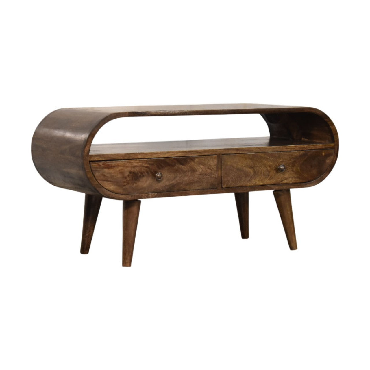 Wooden media unit with curved design on a white background
