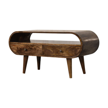 Wooden media unit with curved design on a white background