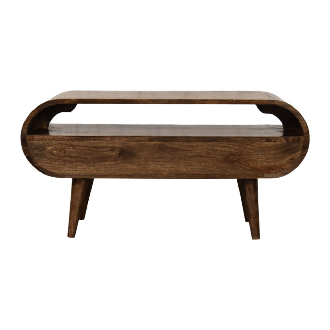 Wooden media unit with curved design on a white background