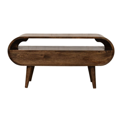 Wooden media unit with curved design on a white background