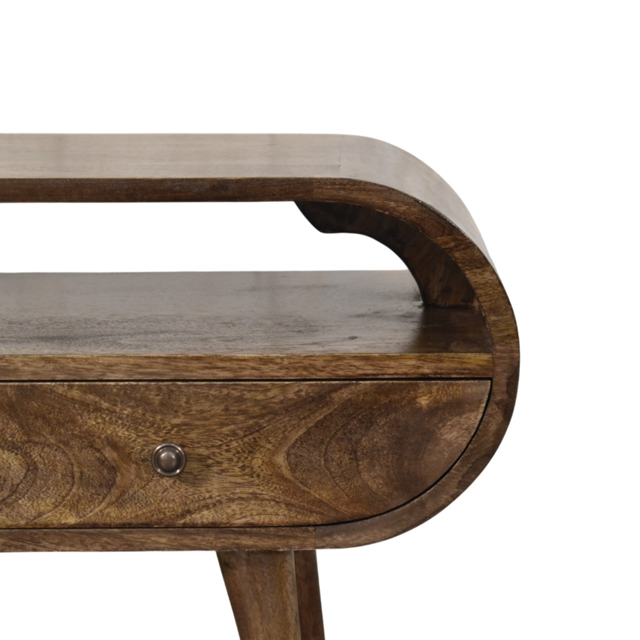 Wooden media unit with a curved design and a single drawer on a white background