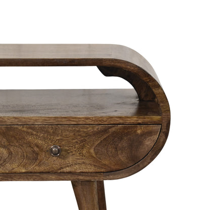 Wooden media unit with a curved design and a single drawer on a white background